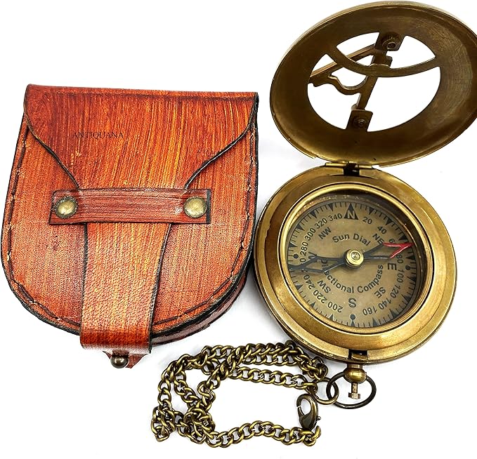 Antique Brass & Copper Sundial Compass, Sundial Clock in Box Gift Sun Clock Ship Replica Watch, Nautical Gifts for Men, Unique Nautical Decor, Naval Maritime Sundial (#6 Antique Push Button)