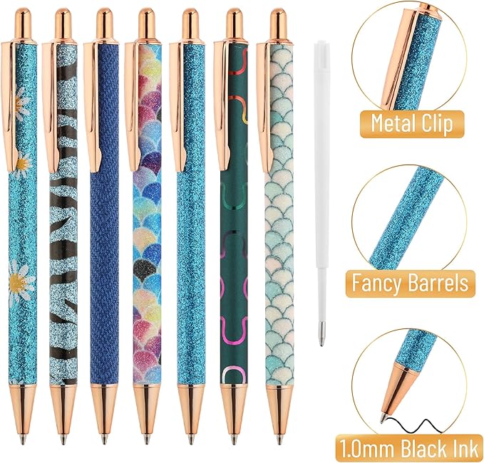 Mr. Pen- Fancy Pens for Women, Azure Elegance, 7 Black Ink Ballpoint Pens with 10 Refills, 1.0mm, Cute Pens for Journaling, Easter Gift