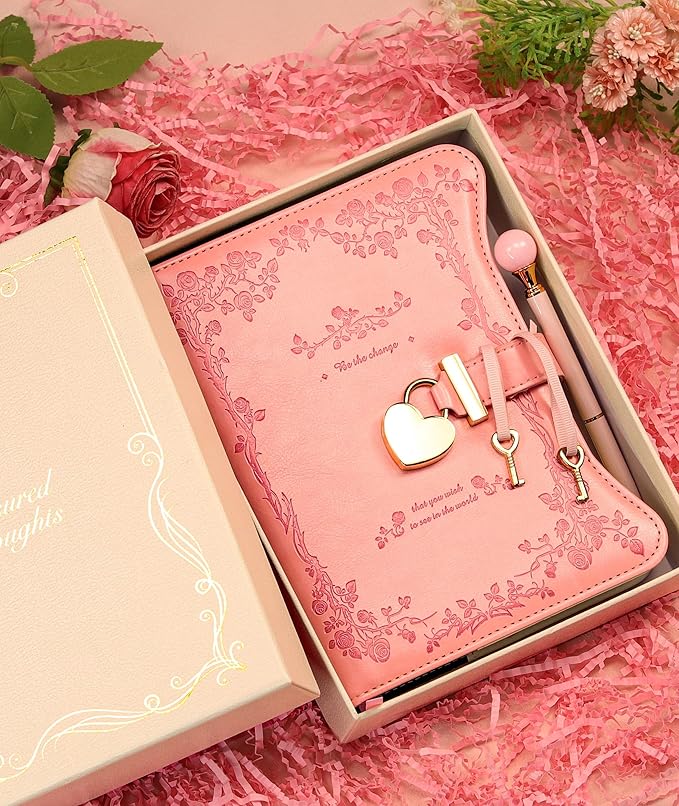 Diary with Lock and Keys for Girls Gift Ideas, 360 Gold Edged Pages Journal for Women, B6 Refillable Notebook for Writing with Pen and Bookmark (Garden Pink)