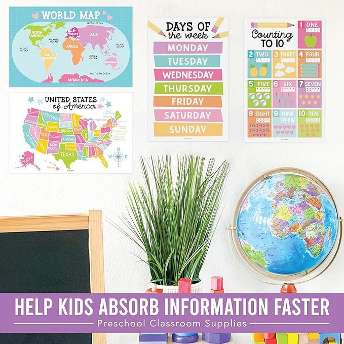 Hadley Designs 16 Educational Posters for Classroom & Kindergarten, Kindergarten Classroom Must Haves, Laminated PreK Learning Chart Materials US & World Map, ABC Alphabet, Shapes, Days of the Week