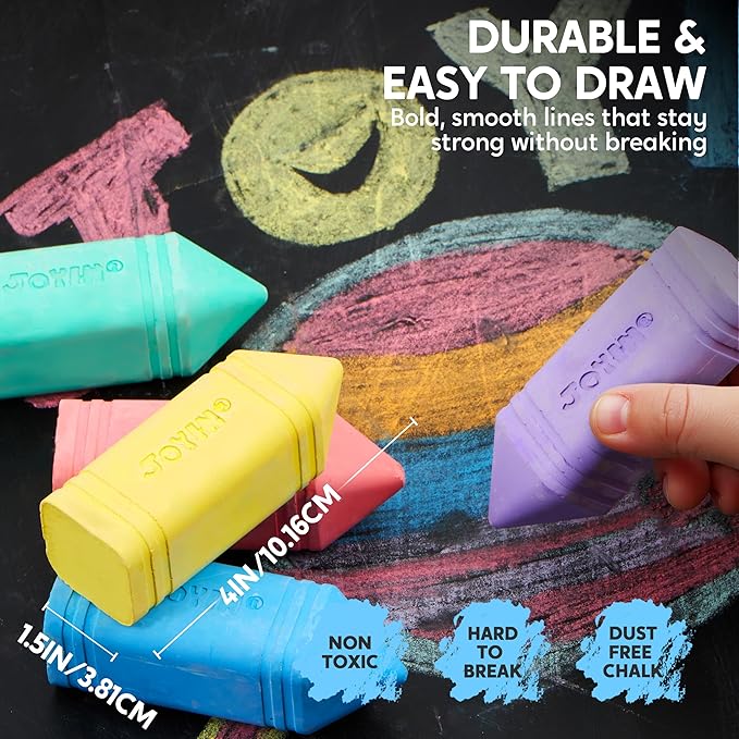 JOYIN 6 PCS Jumbo Sidewalk Chalk with 6 Colors, Washable Sidewalk Chalk for Kids, Non-Toxic Art Supplies, Outdoor Games, Playground Accessories