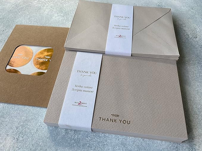 RUN2PRINT (36 Pack) Thank You Cards With Envelopes & Gift of 36 Foiled Stickers - Elegant Emboss Rose Gold Foil Pressed Blank Notes Wedding All Occasion Cards (Beige)