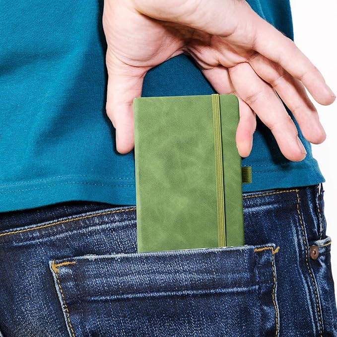 2Pack Pocket Notebook Small Notebook Journal Notebook 4 inches x 5.7 inches 200 Pages Leather Cover With Pen Holder Page Marker Ribbons (Green-withpen)