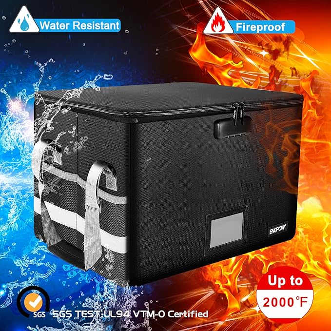 ENGPOW File Box with Lock, Fireproof Document Box with Pockets, Collapsible File Organizer Filing Storage Cabinet with Handle, Portable Home Office Safe for Hanging Letter/Legal Folders,Black,2 Pack