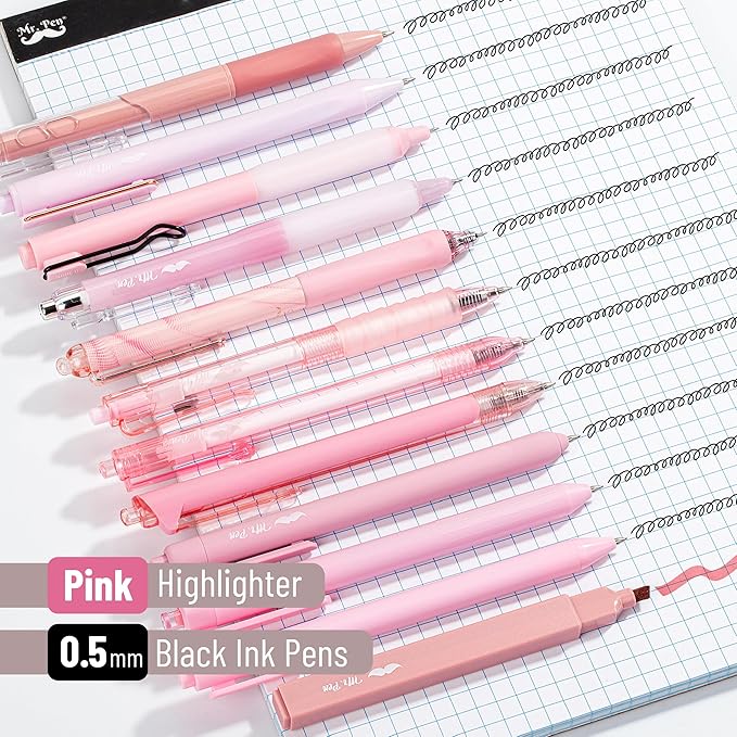 Mr. Pen- Gel Ink Pen Set, 12 pcs, Pastel Pink Barrel, Pink Pens Black Ink Gel Pens Fine Point 0.5mm, One Highlighter, Gel Ink Pens, Cute Pink Pens for Women, Cute Pens for Women, Pink Gel Pens Pink