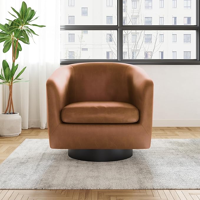 UIXE Faux Leather Swivel Accent Chairs Set of 2, Modern Upholstered Barrel Chairs for Living Room, Comfy Round Armchair Single Sofa Bedroom Reading Seat - 31" W, Brown