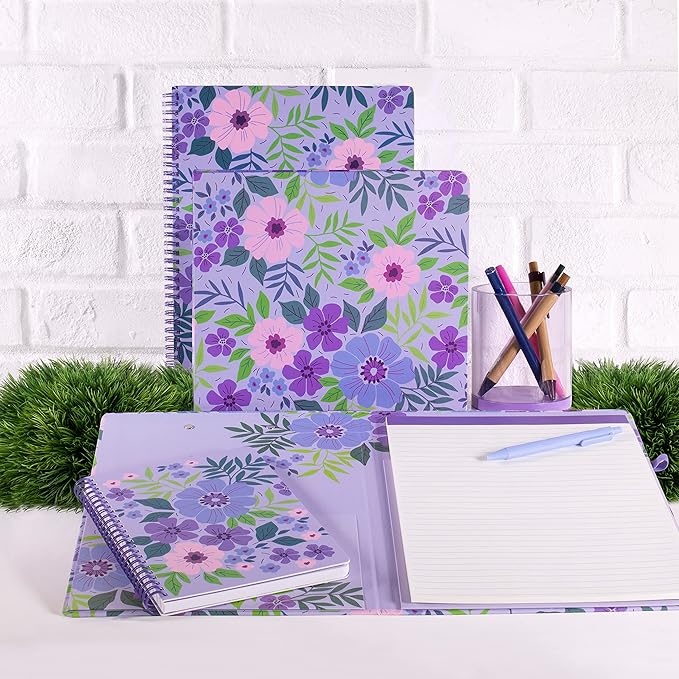 Steel Mill & Co Cute Mini Spiral Notebook, 8.25" x 6.25" Journal with Durable Hardcover and 160 Lined Pages, Lilac Floral