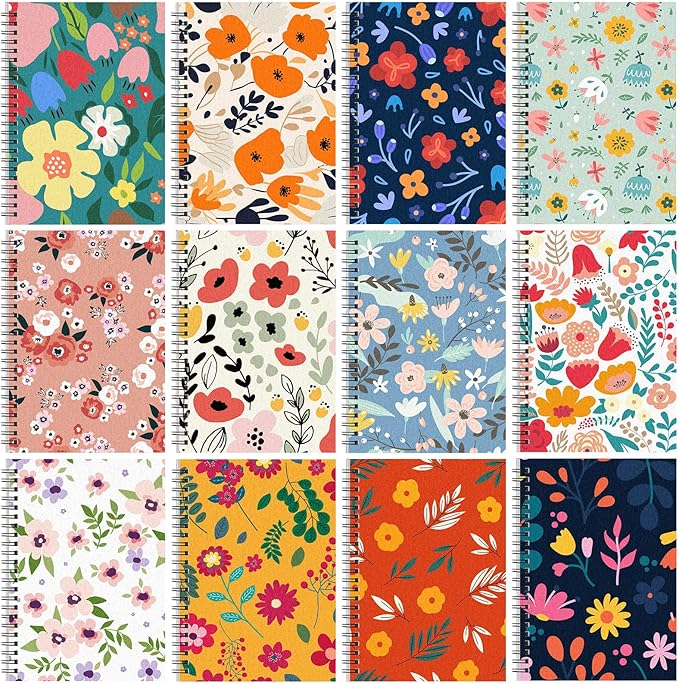 Fuutreo 12 Pcs Spiral Notebook for Work A5 8.3 x 5.7 Inch College Ruled Spiral Journal Notebook Kraft Cover Ruled Paper, 12 Color, 60 Sheets, 120 Pages for Office School(Floral Color)