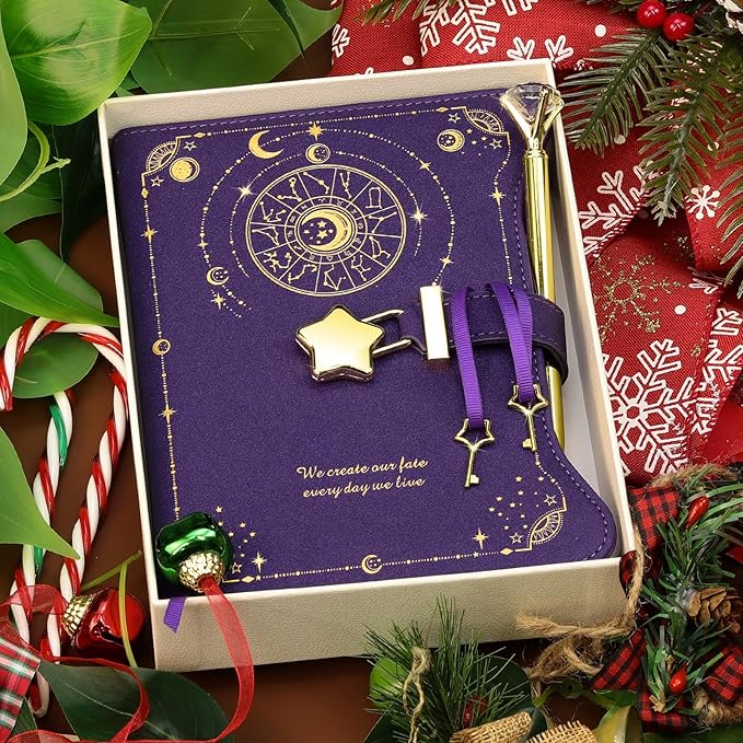Diary with Lock and Keys for Girls Gift Ideas, 360 Kraft Pages Journal for Women, B6 Refillable Notebook for Writing with Pen and Bookmark (Astro Purple)