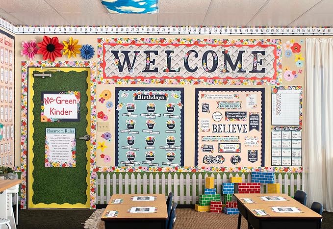 Teacher Created Resources Wildflowers Straight Rolled Border Trim - 50ft - Decorate Bulletin Boards, Walls, Desks, Windows, Doors, Lockers, Schools, Classrooms, Homeschool & Offices