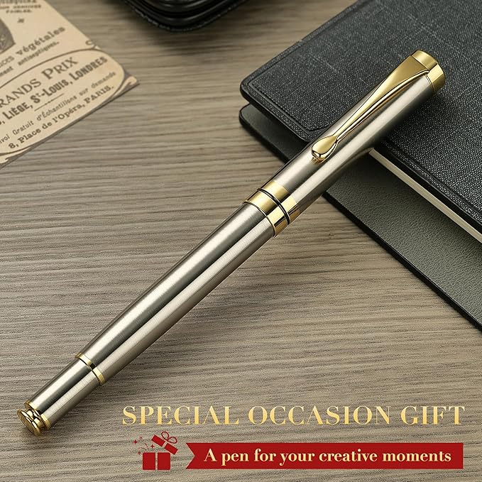 BEILUNER Ballpoint Pens, Stunning Silver Chrome Metal Pen with Golden Trim, Best Ball Pen Gift Set for Men & Women, Professional, Executive, Office, Nice Pens-Gift Box with 0.5mm Extra Black Refill