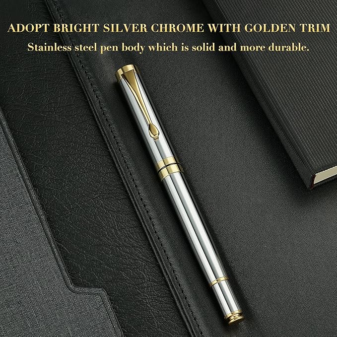 BEILUNER Ballpoint Pens, Stunning Bright Silver Chrome Metal Pen with Golden Trim, Fancy Ball Pen Gift Set for Men & Women, Graduation, Executive, Office, Nice Gift Box with 0.5mm Black Spare Refill