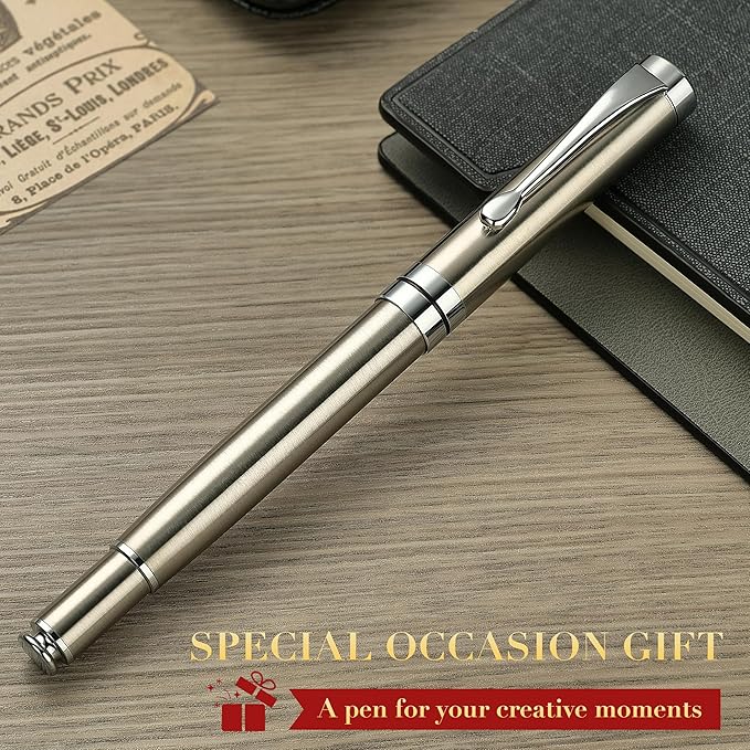 BEILUNER Silver Ballpoint Pens, Stainless Steel Body, Smooth Writing Experience, Dishwasher Safe, Gift Box with Extra Refill