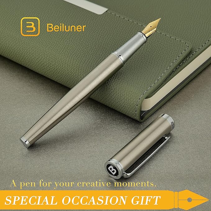 BEILUNER Luxury Fountain Pen Set, Solid 24K Gilded Medium Nib, Silver Stainless Steel Body- Includes 6 Ink Cartridges & Ink Refill Converter with Gift Case - Nice pen for Men and Women