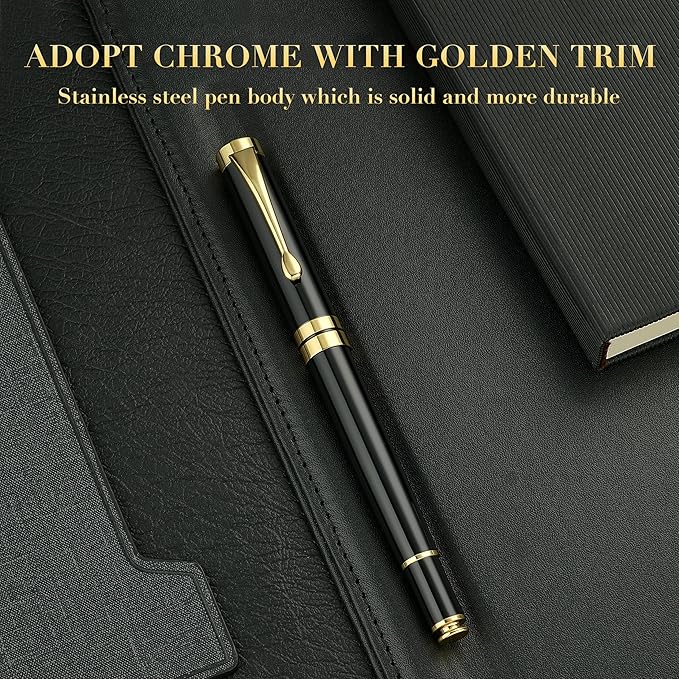 BEILUNER Ballpoint Pens, Stunning Black Chrome Metal Pen with Golden Trim, Best Ball Pen Gift Set for Men & Women, Professional, Executive, Office, Nice Pens-Gift Box with 0.5mm Black Extra Refill