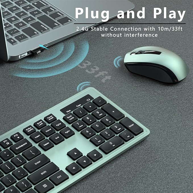 Wireless Keyboard and Mouse Combo, COVEVA 2.4GHz Wireless Keyboard Mouse with USB Receiver, Water-Dropping Keycaps, 104 Keys Full Size with Number Pad for PC Laptop Computer Desktop(Black Green)