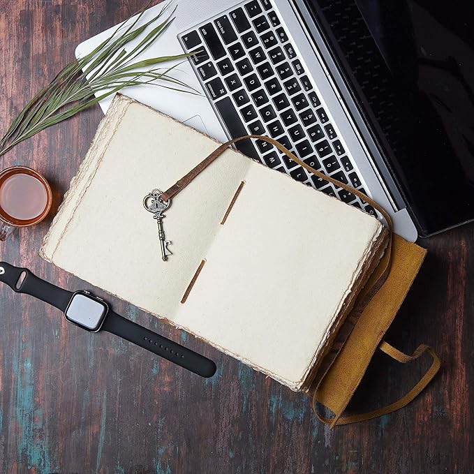 LEATHER VILLAGE Vintage Leather Journal – 200 Handmade Vintage Deckle Edge Paper – Leather bound Journal For Women Men – Vintage Key Closure - Book of Shadows - Black - 6X4 inches (A6)