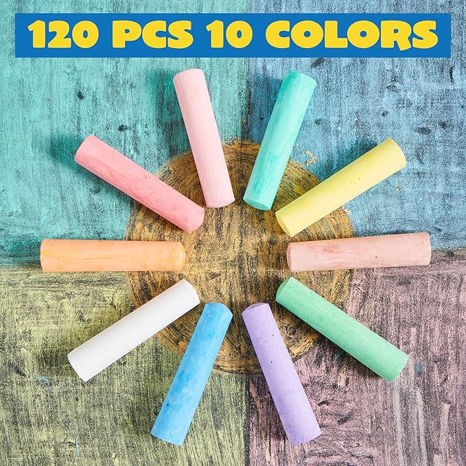 JOYIN 120 PCS Sidewalk Chalks for Kids Giant Box Non-toxic Jumbo Colored Washable Sidewalk Chalk for Toddlers in 10 Colors