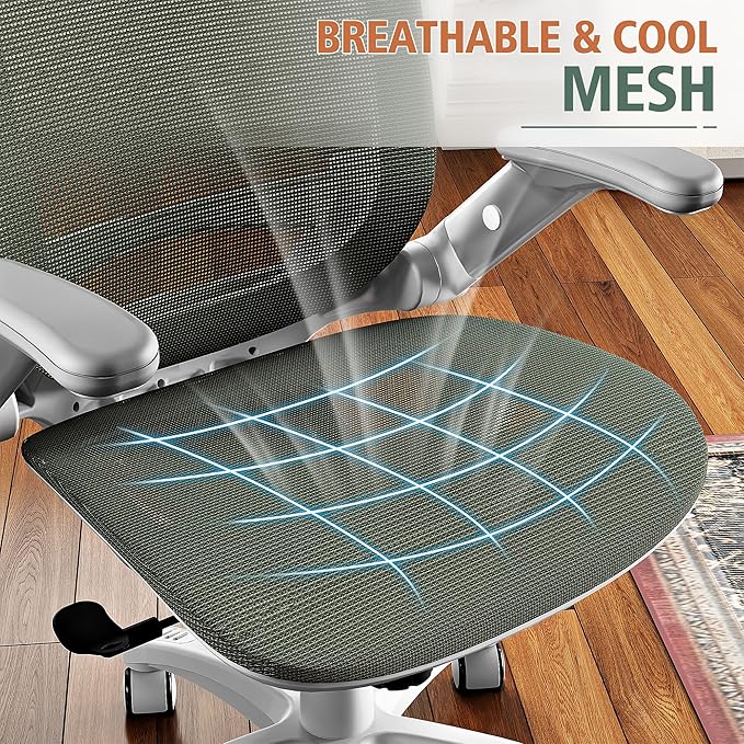 GABRYLLY Ergonomic Office Chair, High Back Home Desk Chair with Headrest, Flip-Up Arms, 90-120° Tilt Lock and Wide Cushion, 400LBS Mesh Chairs for Man Woman, White Task Chair(Olive Green,GY01WOG)