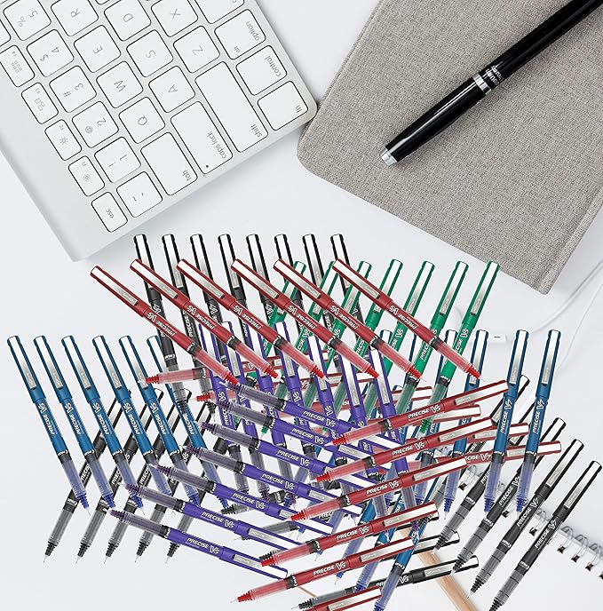 Precise V5 Stick Rolling Ball Pens, Extra Fine Point (.5mm), Assorted Colors Black/Blue/Red Ink, 4-pk; Bundle with Plastic Reusable Pouch