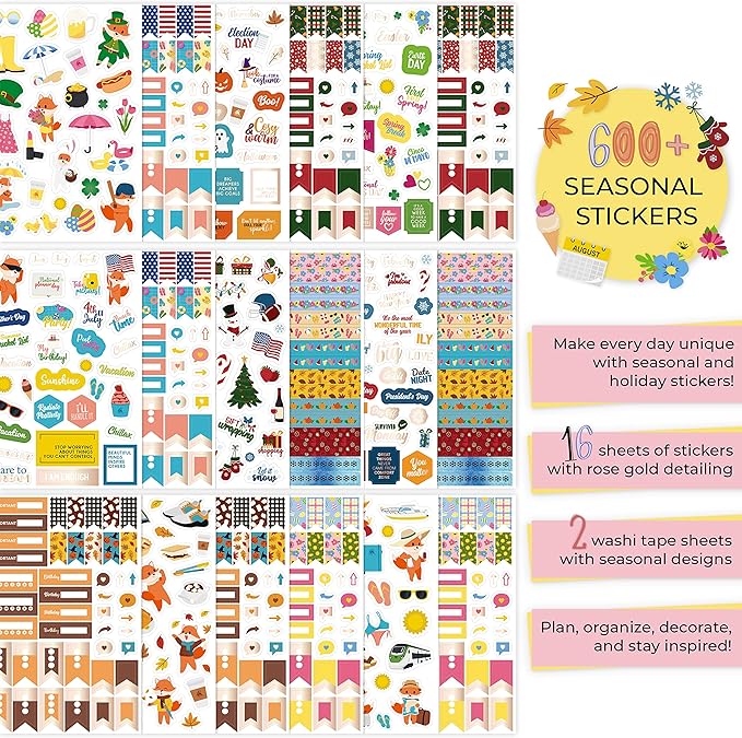 Clever Fox Seasonal Planner Stickers – 600+ Month, Holiday & Seasons Stickers for Your Planner, Monthly Journal & Calendar – 18 Sheets, Set of Stickers & Washi Tape by Clever Fox (Seasonal Pack)